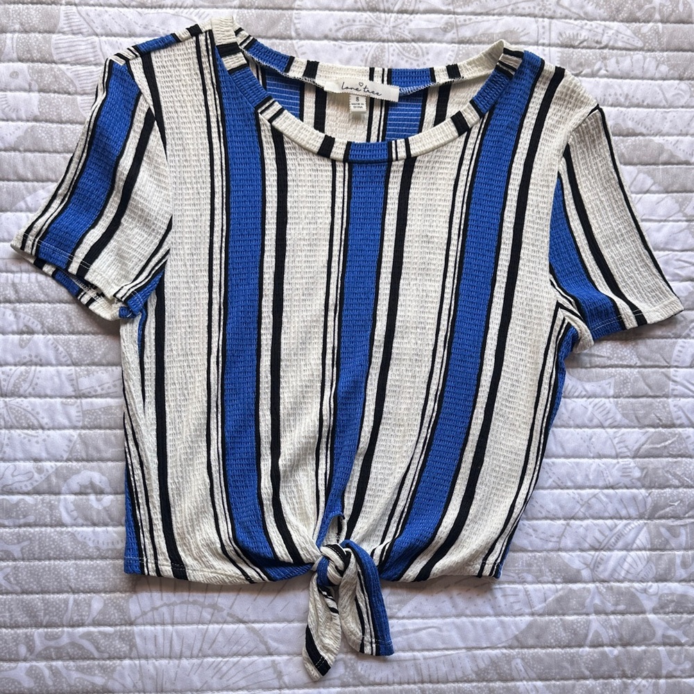 Love Tree Blue and Black Striped Tie-Front Tee